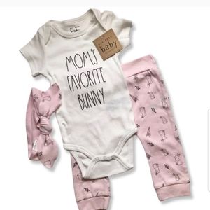 Rae Dunn "Mom’s Favorite Bunny" Baby Bodysuit, Pants and Headband Set - 3-Piece
